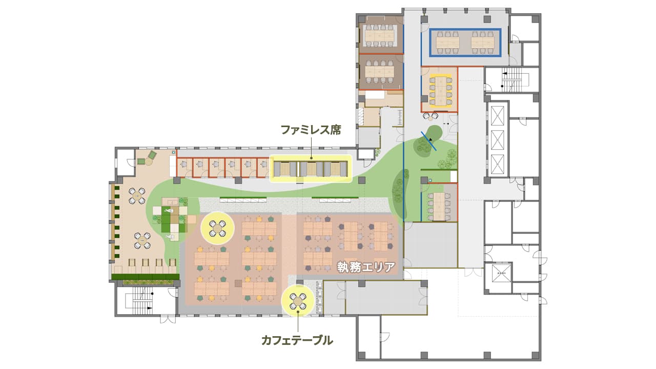 騒音を抑えるために執務エリアとコミュニケーションの場を分離する